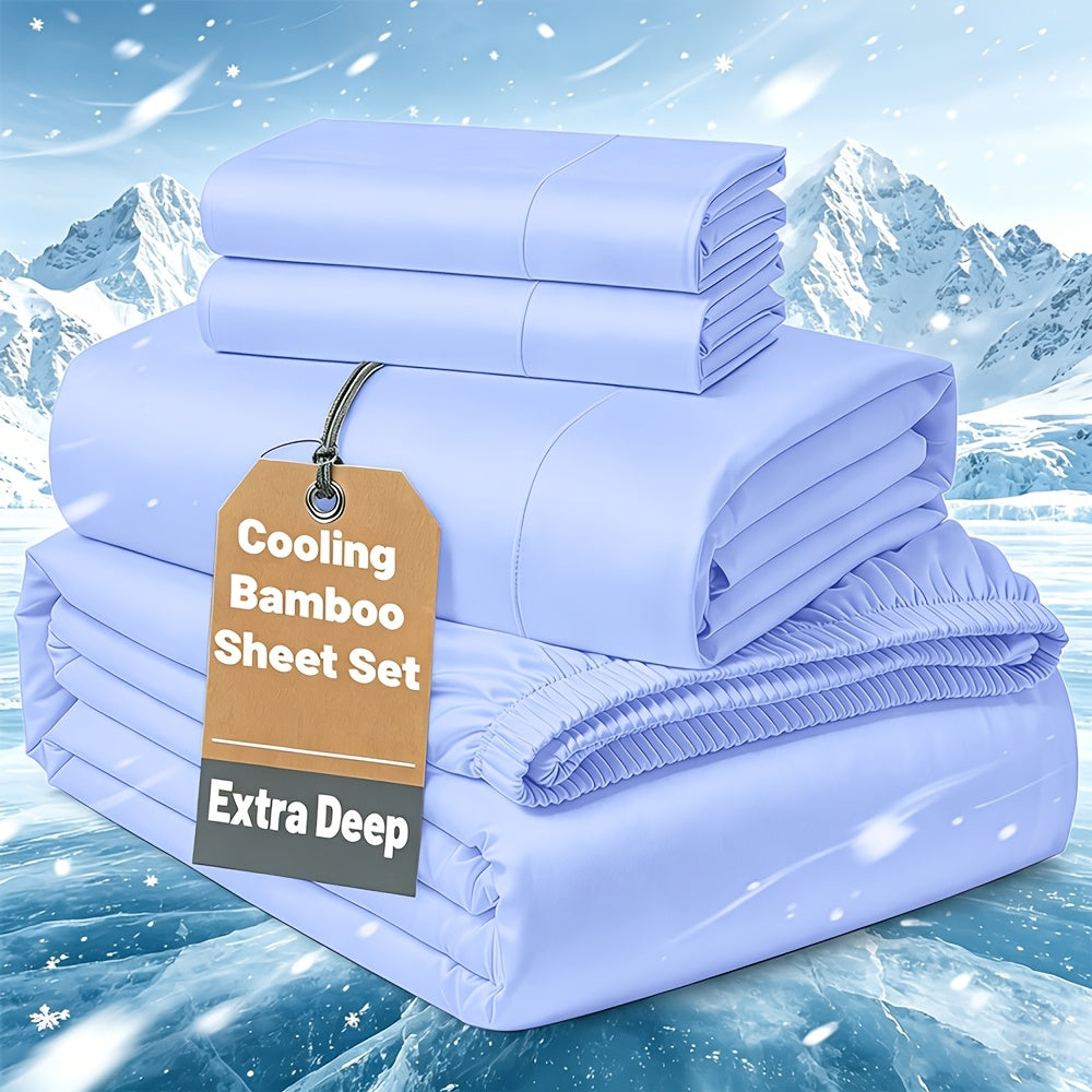 Cooling Bamboo Bedding Set with Flat Sheet, Deep Pocket Fitted Sheet and Pillowcases, Soft Breathable Sheets in 13 Colors for Twin Full Queen King