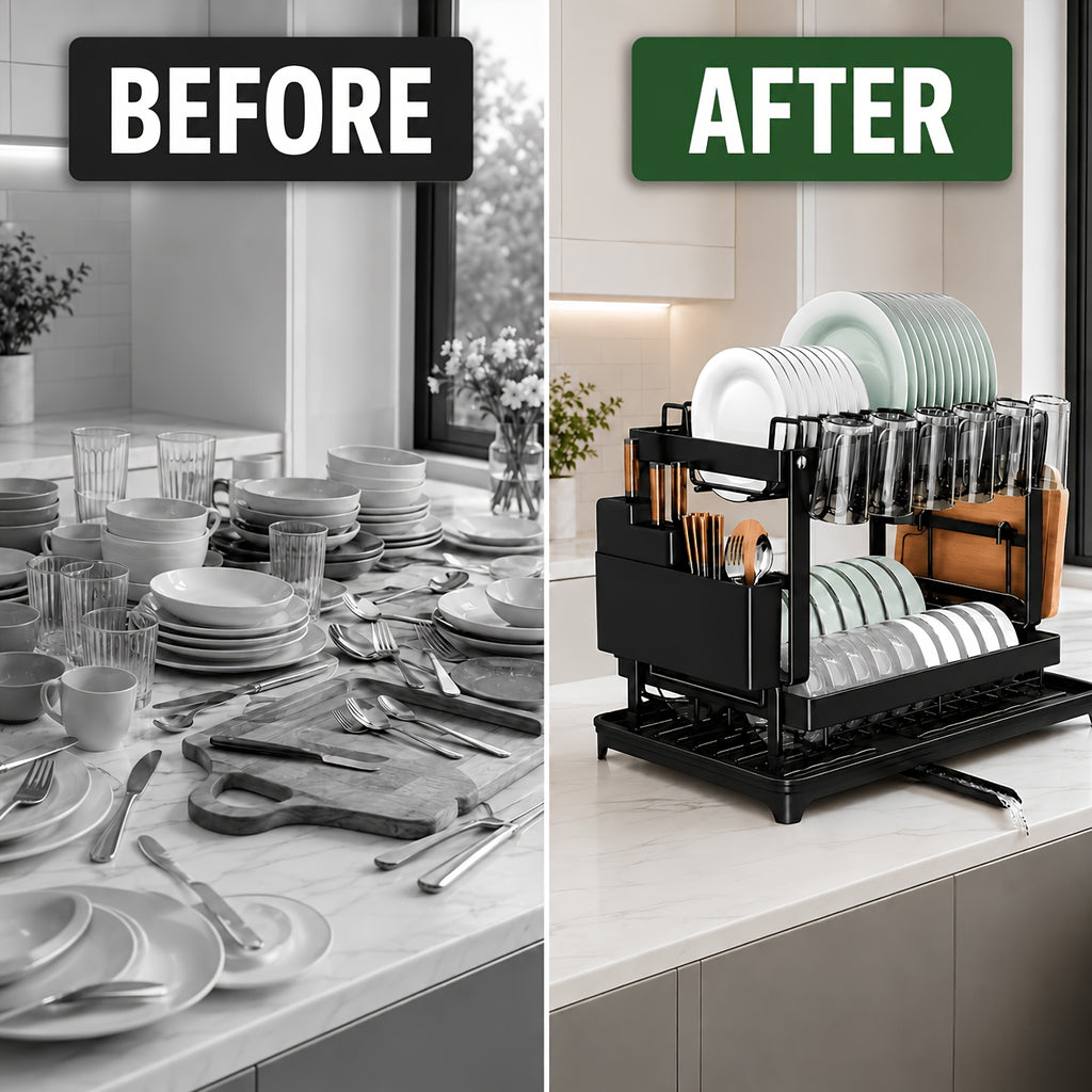 Two-Level Dish Drying Rack For Kitchen Surfaces, Kitchen Organizers And Storage, Dish Drainer With A Drainboard, Kitchen Accessories, Metal Kitchen Dish Holder With Drainage, Two-Tier Kitchen Drying Rack, Black Dish Holders