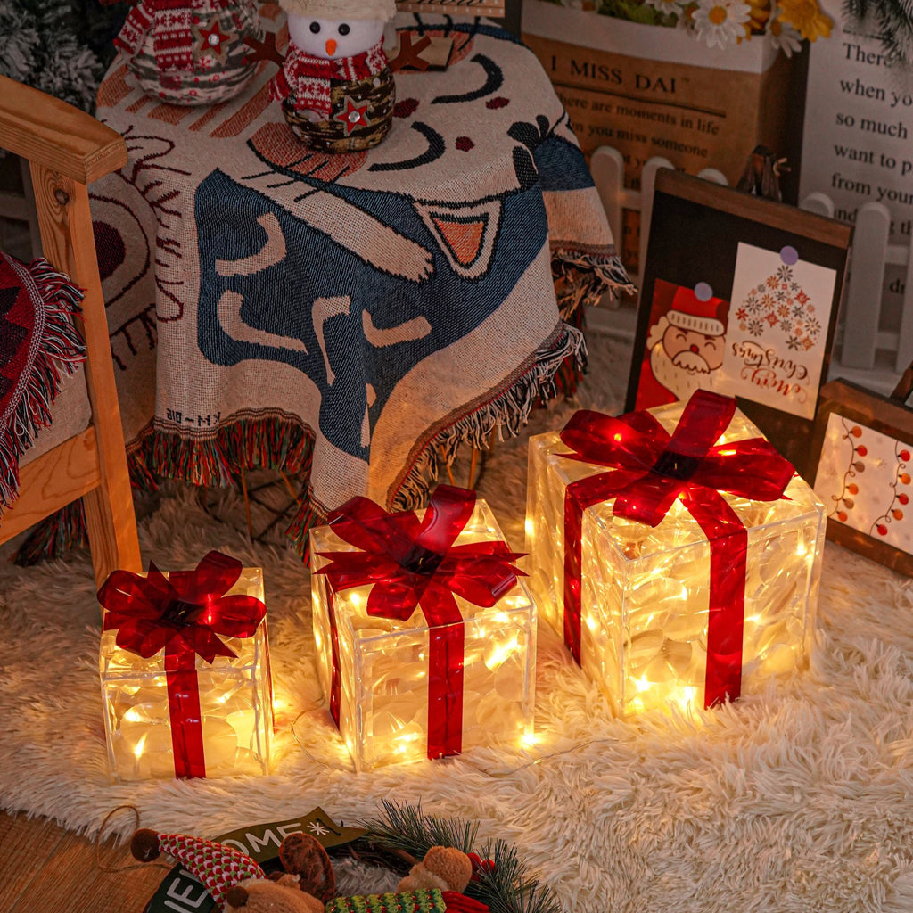 Lighted Christmas Present Boxes, Set of 3 Warm White Gift Decorations with Red Bows, 60 LEDs, USB or Battery Power, 8 Lighting Modes and Daily Timer