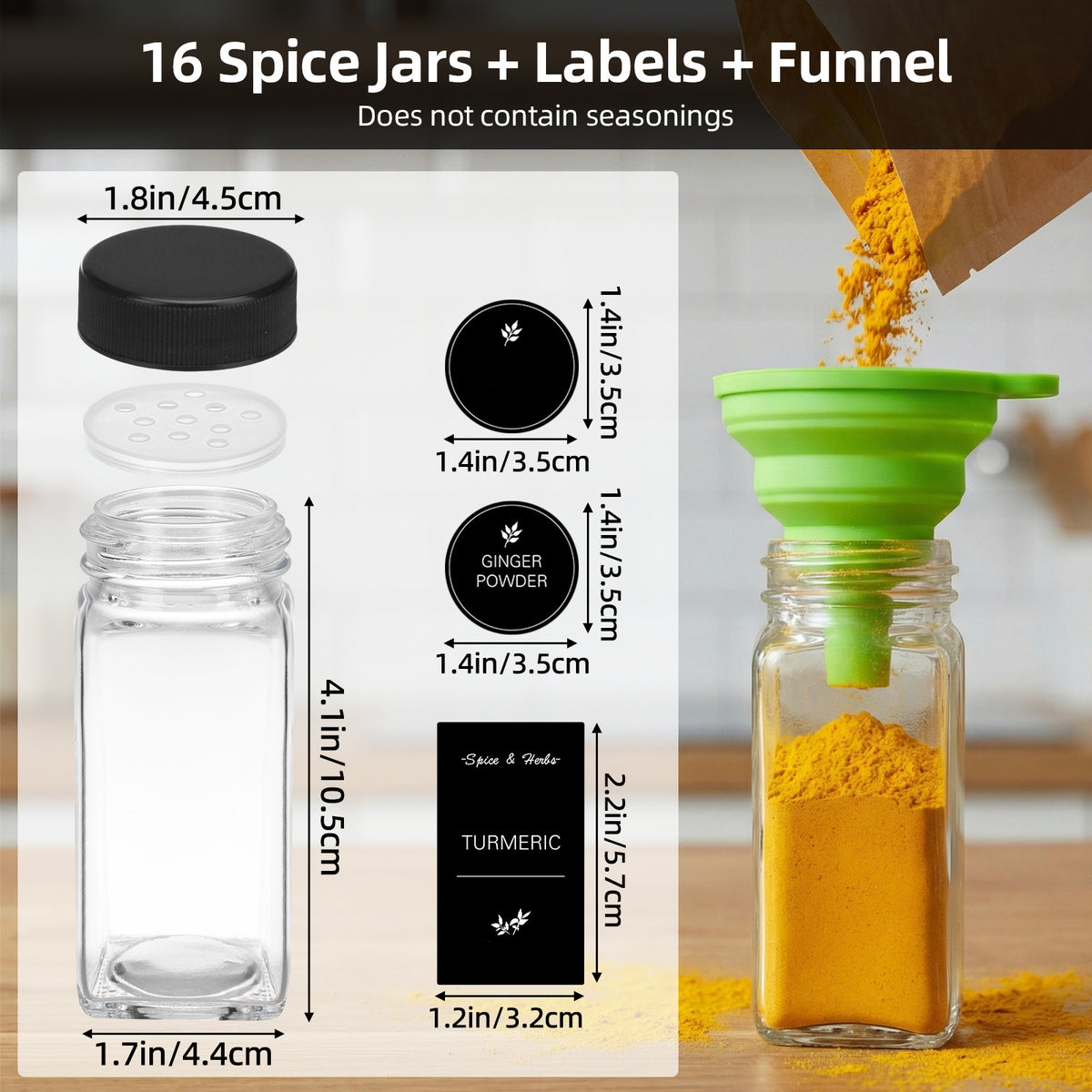 whonline 16pcs/24pcs/36pcs/48pcs Spice Jars, 4oz Glass Spice Jars with Labels - Shaker Lids, Collapsible Funnel, Brush and Marker, Seasoning Bottles for Spice Rack Drawer Cabinet