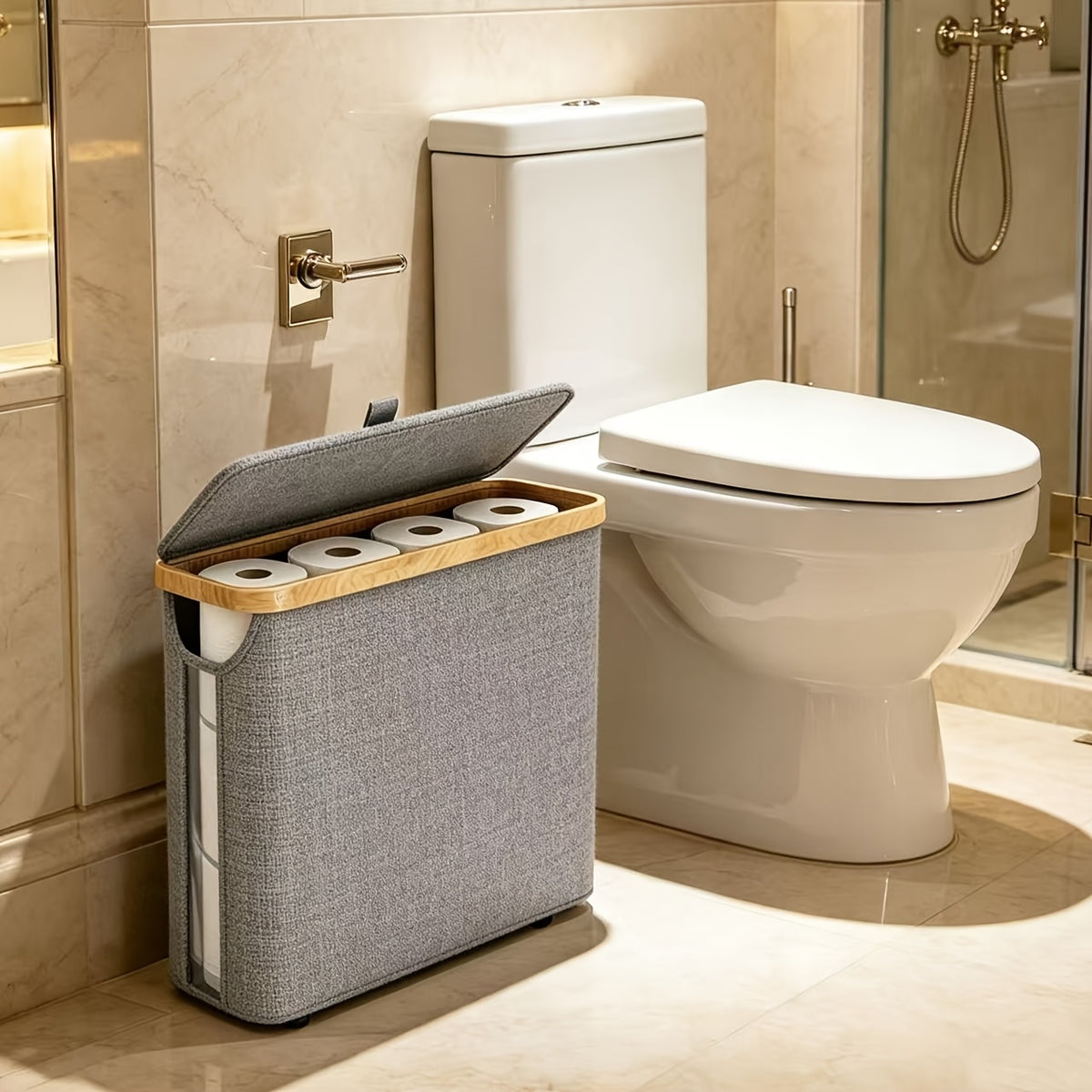 Large Capacity Bamboo Paper Towel Storage Basket | Holds 9-12 Rolls, Dustproof, Beautiful Toilet Paper Storage, 600D Oxford Cloth, Black, Beige, and Gray Colors, Suitable for Modern Fashion Bathroom, Toilet Paper Storage Containers