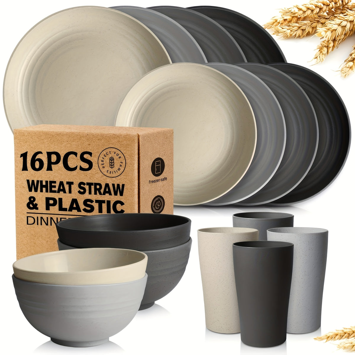 32/16pcs Wheat Straw Large Size Tablesware Set, Unbreakable Modern Dish Set-Plate/Dessert Plate/Bowl/Cup, Lightweight Wheat Straw Dinnerware Set, Dishwasher And Microwave Safe, Lightweight Tableware, Gift for Chrismas