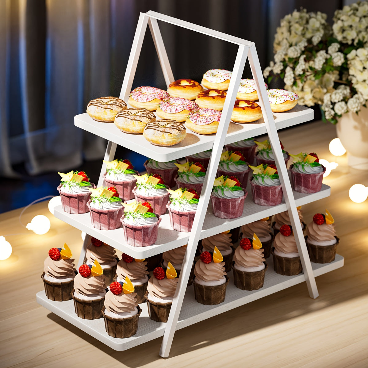 Cupcake Display Stand, Old-Fashioned Wood 3-Layer Dessert Shelf, Dessert Table Display Kit, Paper Cup Cake Shelf 50 Cupcakes, Kitchen Accessories, Suitable for Family Parties, Wedding, Halloween, Local Warehouse