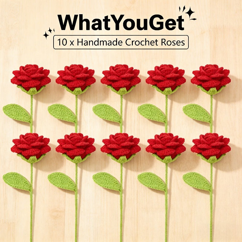 10pcs 10pcs Pack Realistic Crocheted Red Roses Bouquet - Ever-Blooming Artificial Flower Suitable for Valentine's Day, Mother's Day Gifts, Table Centerpiece Decor, Fabric Roses for Home Decoration, Wedding,, Year-Round Tabletop Arrangements