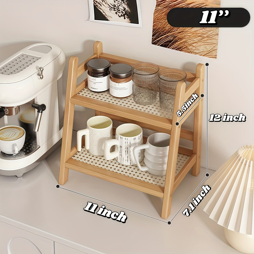 2-Tier Wooden Storage Rack - Modern Vintage Cream Trapezoid Shelf | Wood End, Multi-Purpose Countertop Organizer for Kitchen, Office, Bedroom And Dorm | Perfect for Coffee Mugs And Daily Essentials - 1/2pcs (Large Medium)