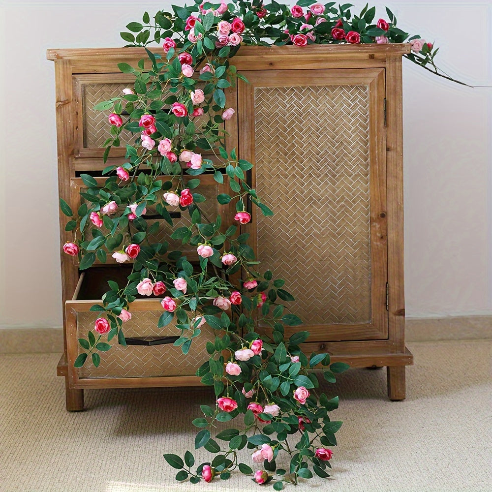1 Double Pink Rose Vine - Artificial Garland with Richly Layered Petals, Soft Color Transitions, and a Design That Closely Mimics the Form of Real Roses. Paired with Lush Foliage, It Creates a Vibrant, Natural Vitality. Perfectly Blends into French