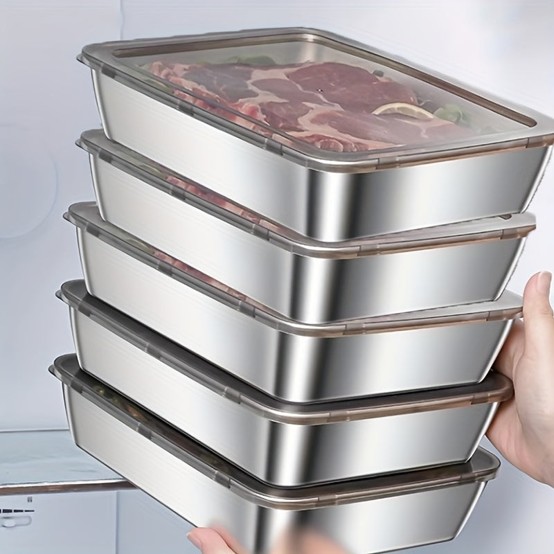 Purchase Three And Receive Two at No Cost, Making a Total of Five Stainless Steel Food Storage Containers - Sturdy Baking Trays That Come with Complimentary Lids, Reusable, Ideal for Picnics, Meal Preparation, Organizing The Refrigerator