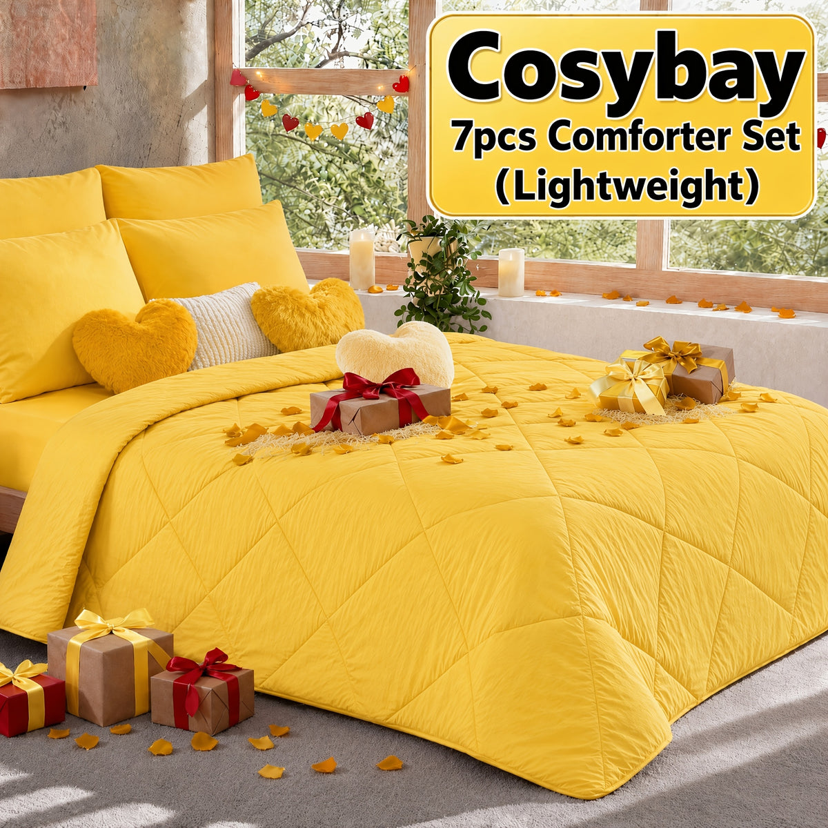 Cosybay 7 Piece Pinch Pleated Comforter Set Queen King Size, Luxury Soft Fluffy Bedding Includes 1 Comforter, 1 Extra Deep Pocket Fitted Sheet, 1 Flat Sheet, 4 Pillowcases & Pillow Covers, Perfect for Halloween Party, Holiday Celebrations & Birthday