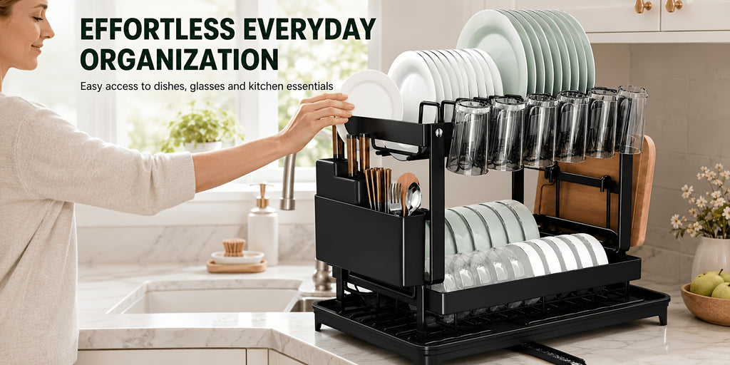 Two-Level Dish Drying Rack For Kitchen Surfaces, Kitchen Organizers And Storage, Dish Drainer With A Drainboard, Kitchen Accessories, Metal Kitchen Dish Holder With Drainage, Two-Tier Kitchen Drying Rack, Black Dish Holders
