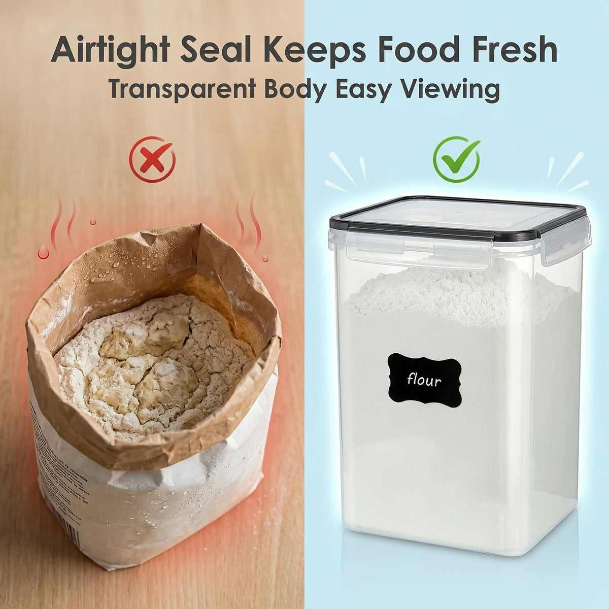 4pcs Large Food Storage Containers, BPA Free Plastic Airtight Canisters for Flour, Sugar, Baking Supplies, Rice with Lids, Black