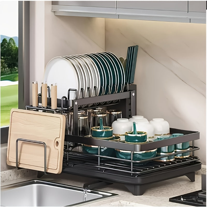 2-Tier Metal Dish Drying Rack, Suitable for Types of Countertops. Space-saving and Durable, Comes with Cutlery Holder, Cup Holder, and Rust-proof Drip Tray. Helps Your Kitchen Neat and Organized.