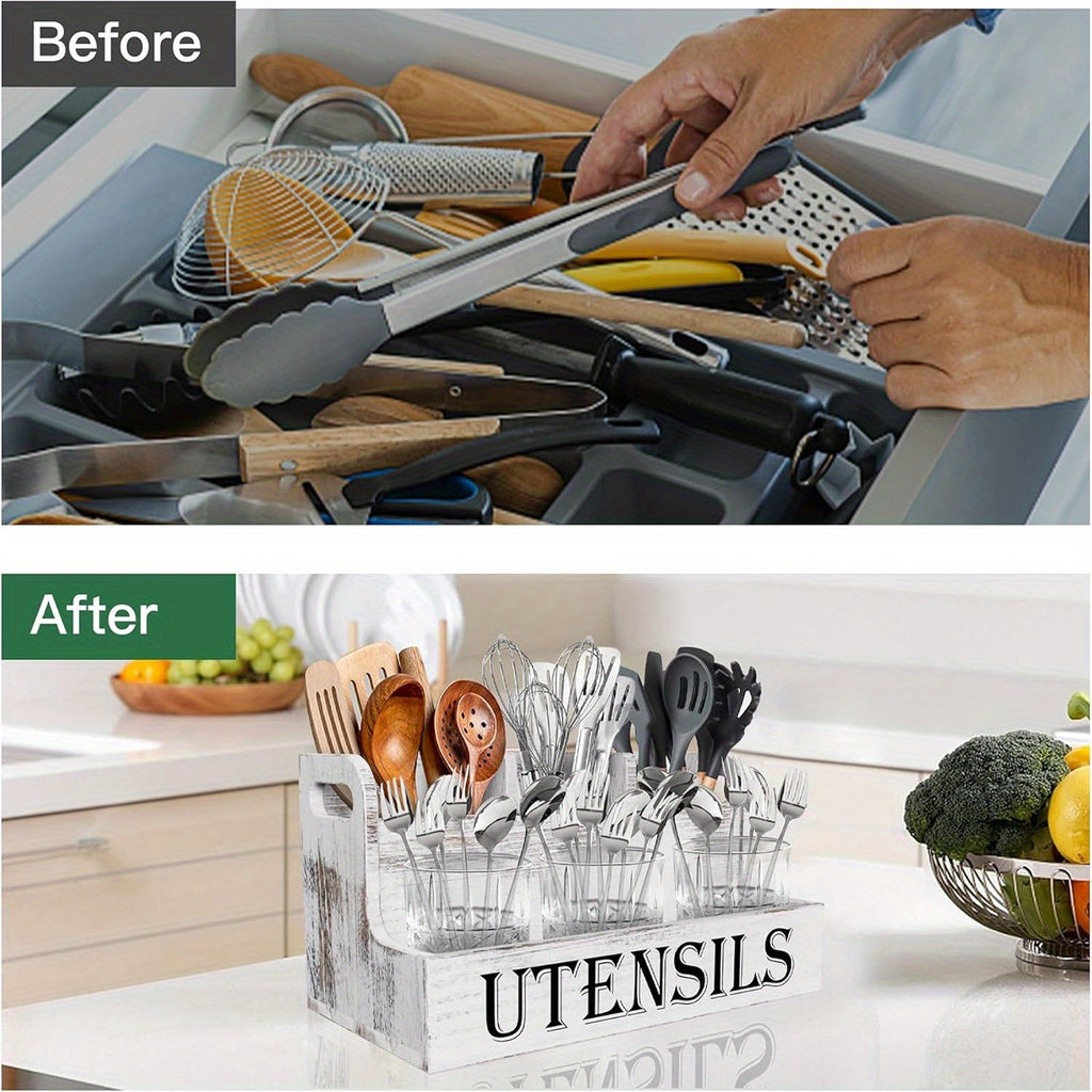 Extra Large Kitchen Utensil Organizer with 4 Compartments, White Wooden Kitchen Utensil Organizer for Kitchen Countertops, Farmhouse Utensil Storage, Rustic Cooking Utensils - White.