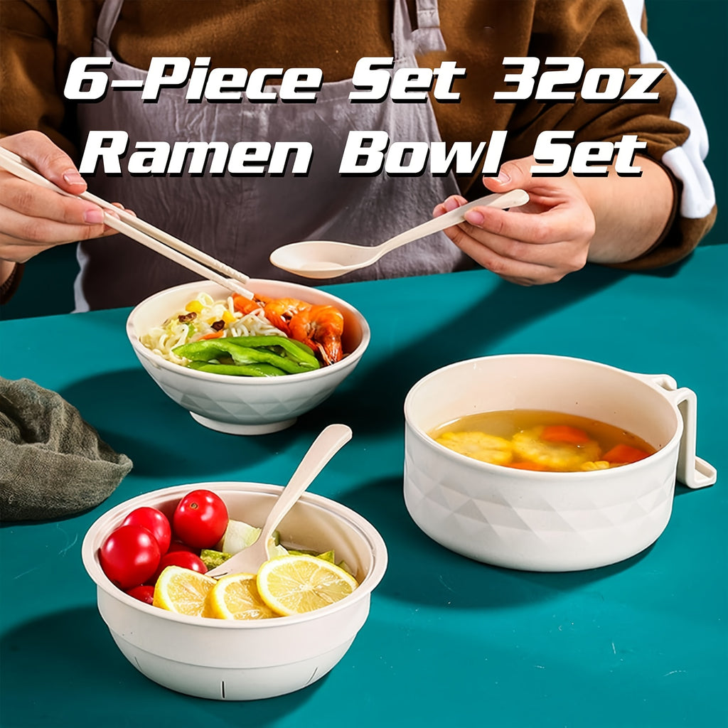 6pcs/Set Microwave Ramen Bowl Set, Ramen Noodle Cooker With Lid & Handle, Perfect For Home, Office, Dorm, Or College Tableware