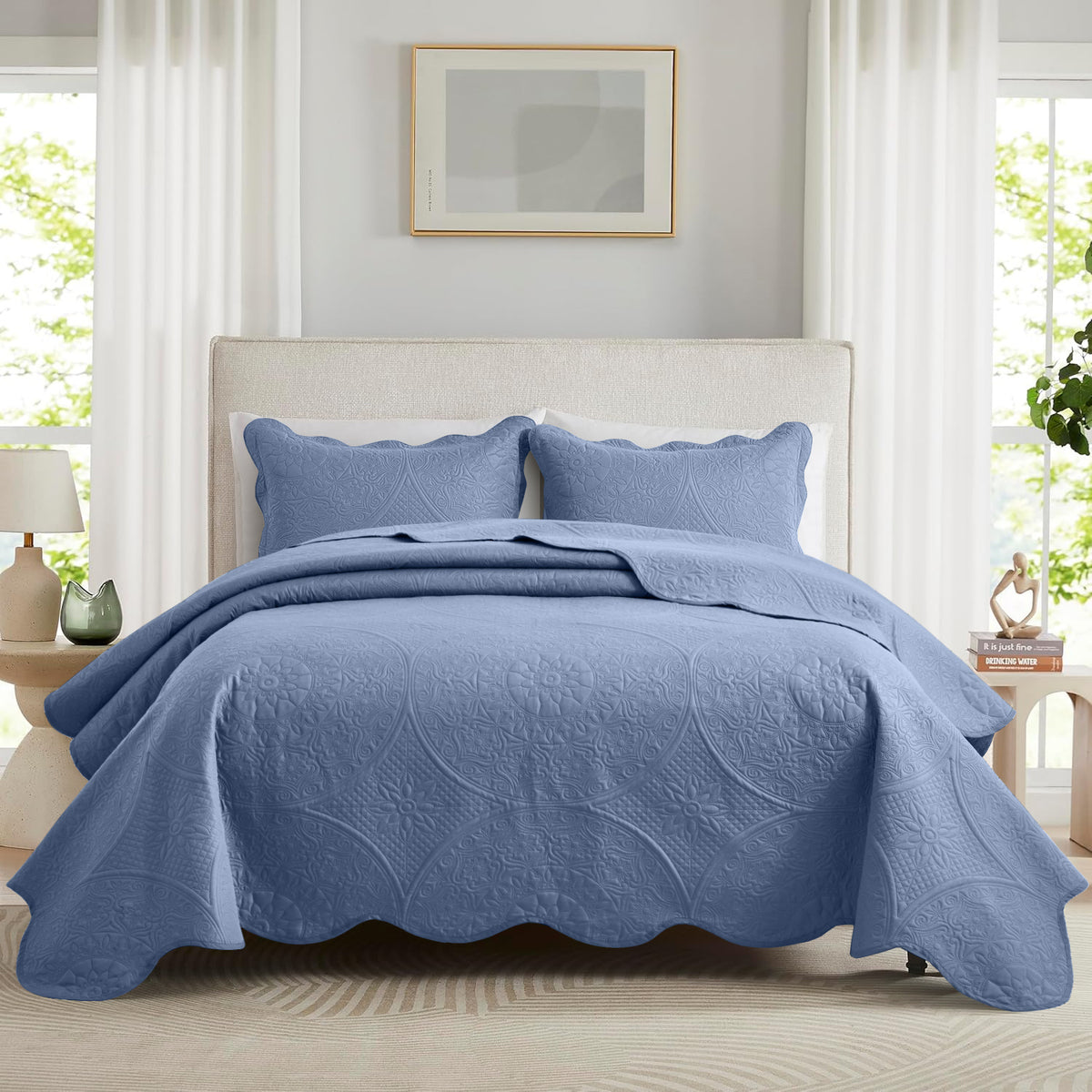 3pcs Luxury Quilted Bedspread Set – Oversize Quilt Coverlet Soft & Cozy Floral Bedspread with Pillow Shams, Breathable Lightweight for Bedroom & Guest Room Decor