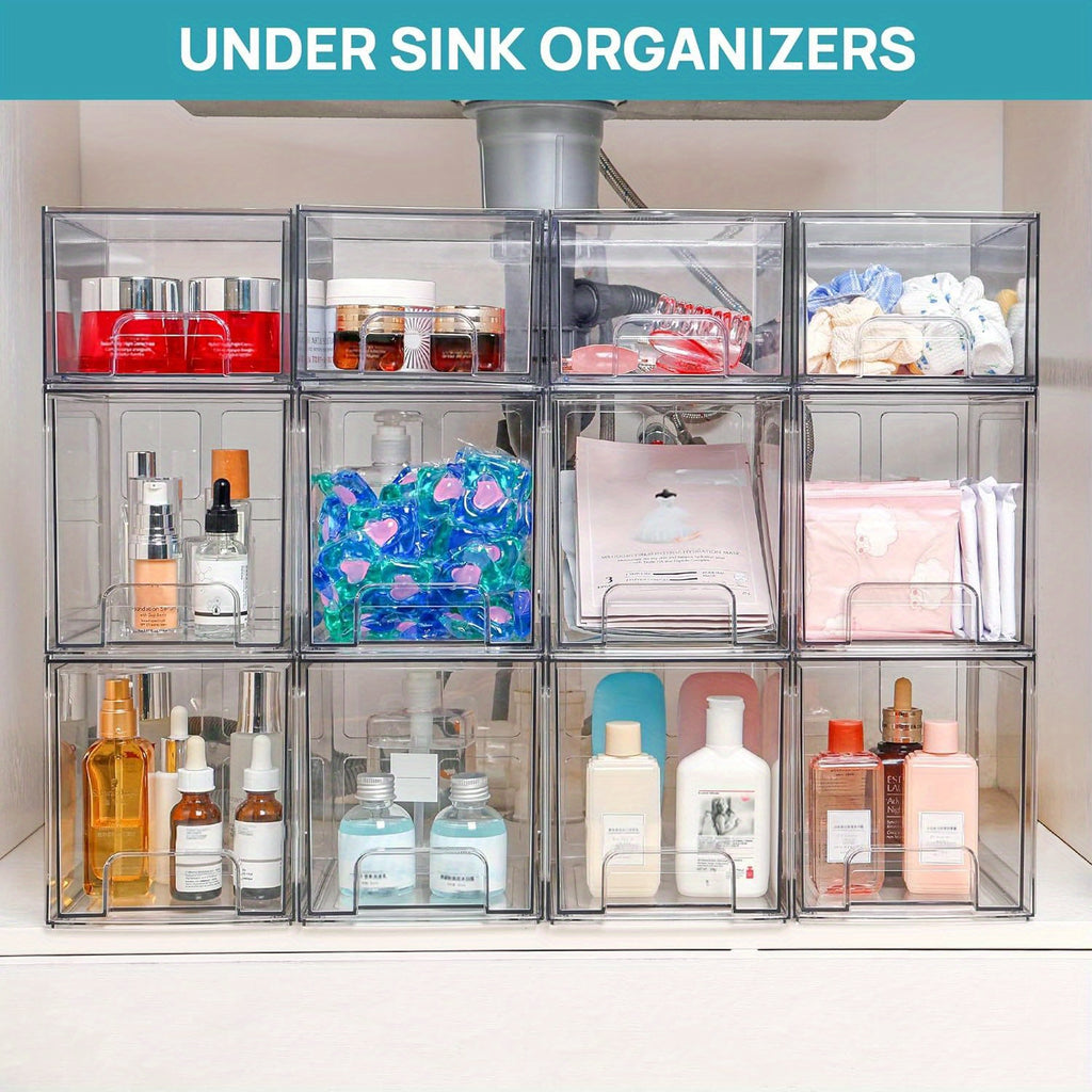4 Pack Stackable Storage Drawers, 7.5"D X 6"W X 6.6"H Acrylic Bathroom Makeup Organizers, Clear Plastic Storage Bins for Vanity, Perfume Organizer