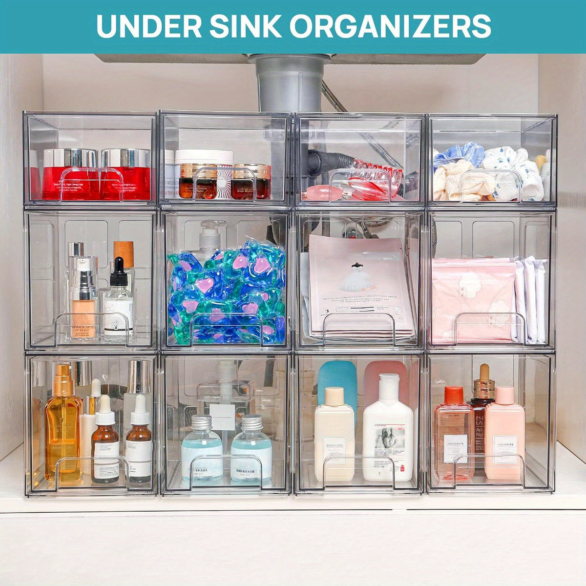 4 Pack Stackable Storage Drawers, 7.5"D X 6"W X 6.6"H Acrylic Bathroom Makeup Organizers, Clear Plastic Storage Bins for Vanity, Perfume Organizer