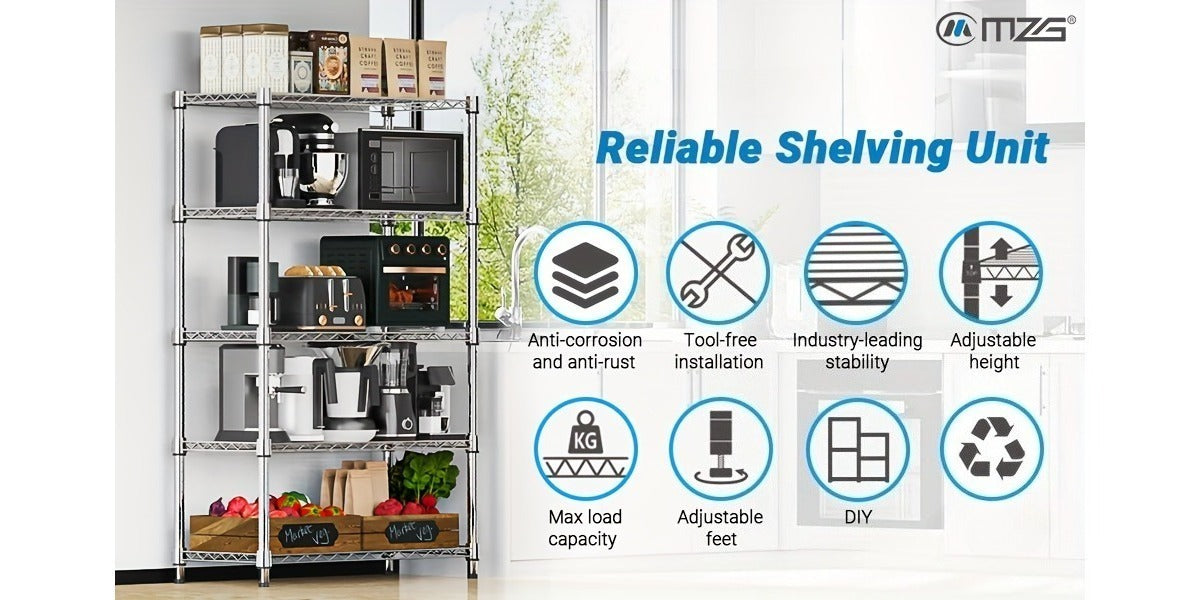 MZG Heavy-Duty Adjustable 5/4 Shelf Metal Storage Shelving Unit - Industrial Garage, Pantry, Kitchen, Workshop Organizer Tool-Free Assembly, Space-Saving Shelving Rack For Home, Commercial Use Open Shelf Design, Sturdy Construction, Utility Shelves