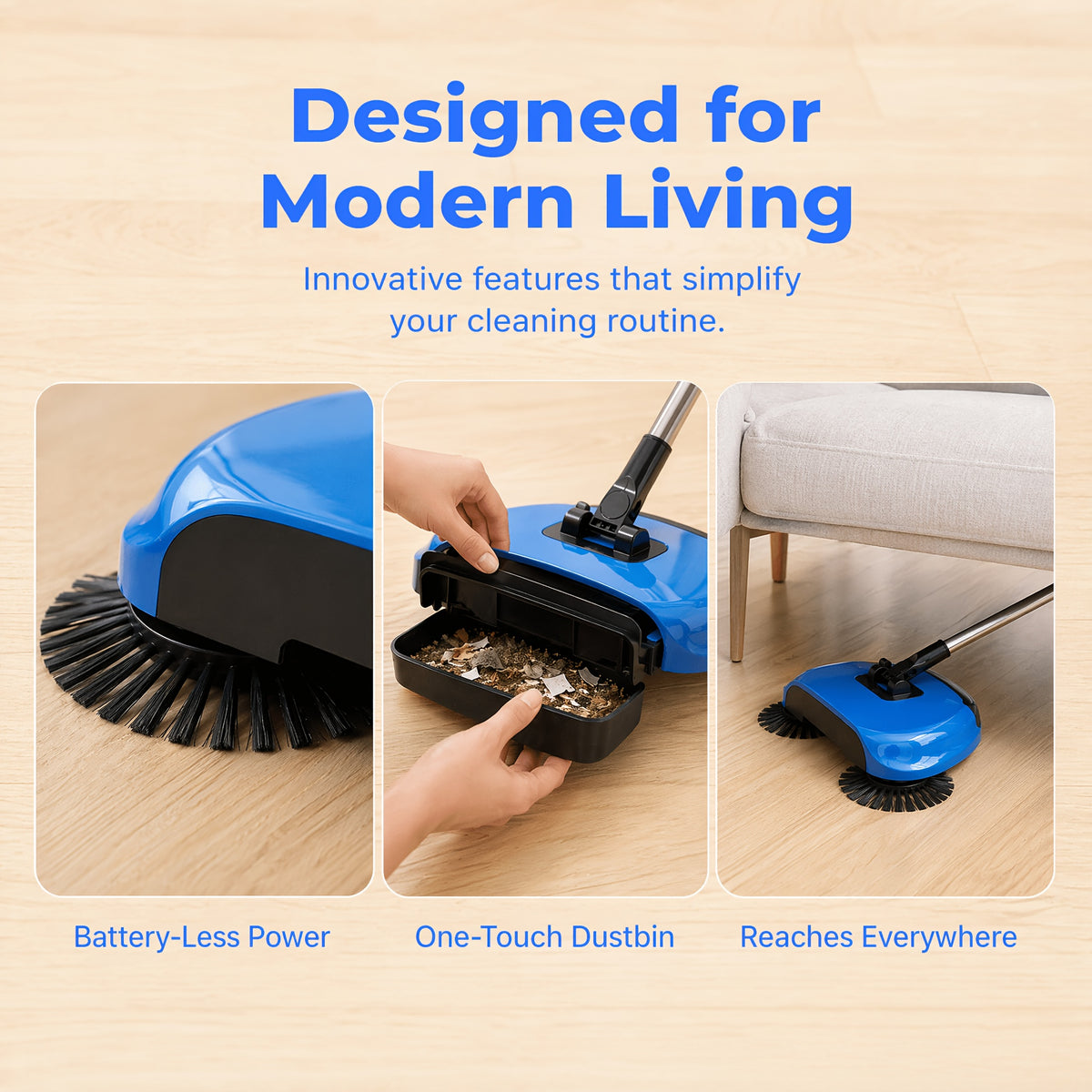 3-in-1 Hand Push Broom, Multifunctional Cleaning Tool Sweep Mop, Long Handle Push Broom with Auto Spiral Deep Clean System, Easy Cleaning Close Fit to The Floor, Ideal for Hardwood, Ceramic, Tiles, Kitchen, Home, Office, Cleaning Supplies