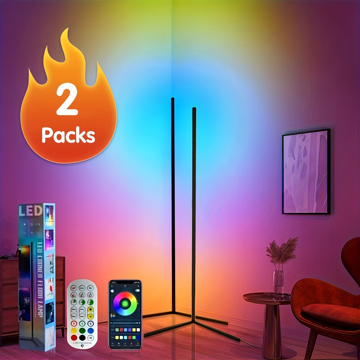 1/2pcs LED Corner Floor Lamp, RGBIC High Brightness Color Changing RGB Floor Lamp with APP & Remote Control, Music Sync, Scenes, Timer, Adjustable 156Cm (61.42In), 2700K-6000K Ambient Lighting for Bedroom, Living Room, Gaming Room, Festival Gift