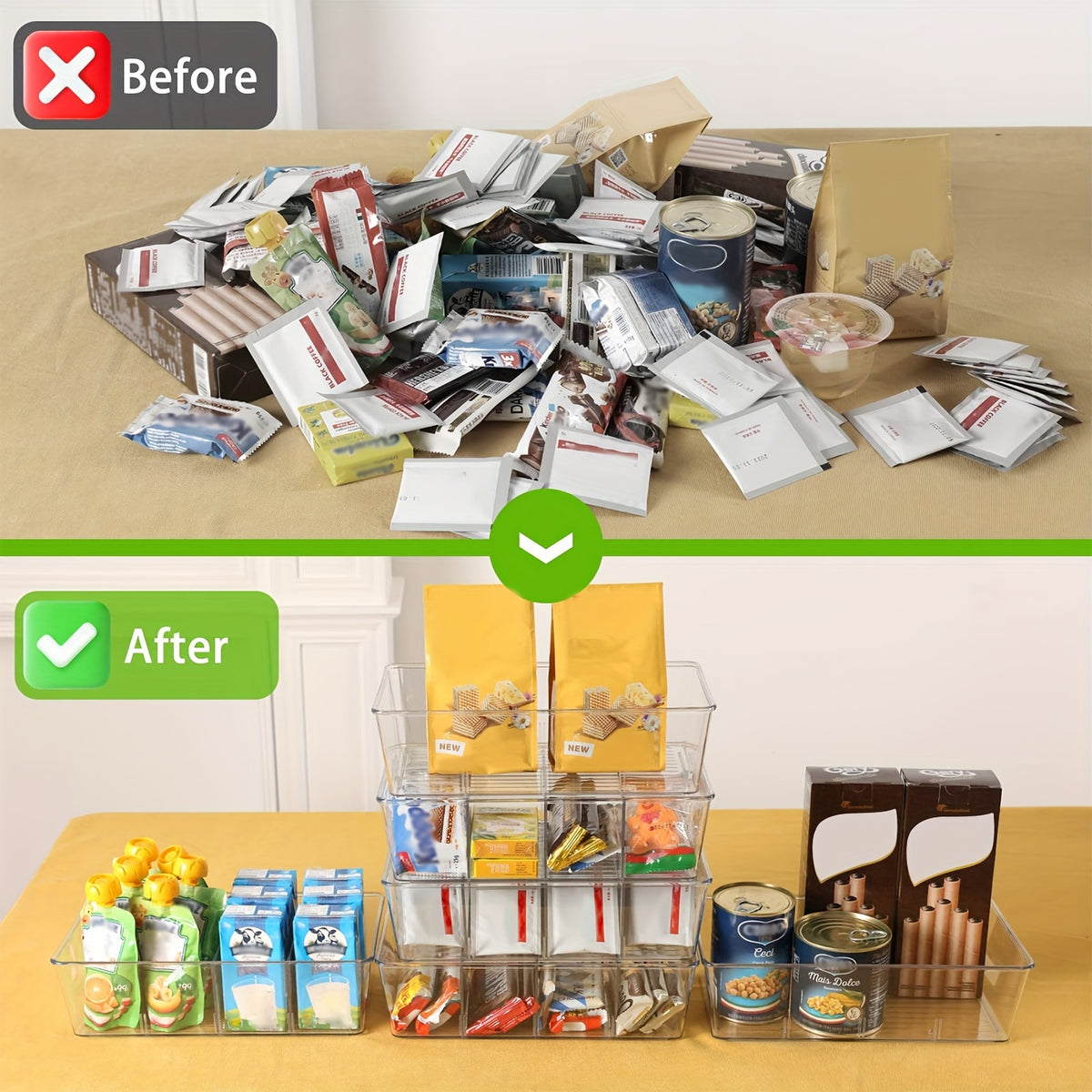 Snack Organizer Bins, 6-Pack Clear Plastic Pantry and Fridge Storage Set for Food Pouches, Condiment Packets, Spices and Kitchen Cabinets