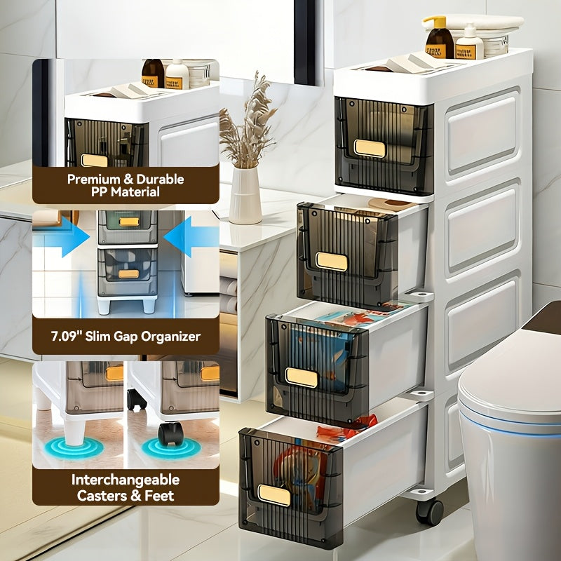 Deluxe Slim Storage Cabinet with Drawers - Durable Waterproof PP Material, Multi-Purpose Organizer with Ample Storage for Bathroom, Kitchen, Personal Care Product Dispensers, and More - Ideal for Small Spaces, Storage Drawer Units