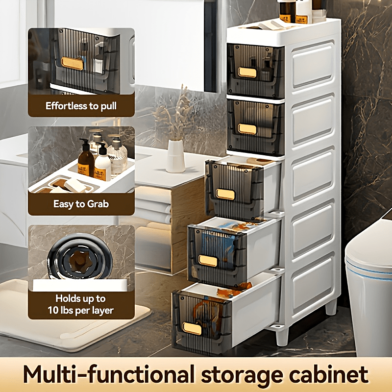 Deluxe Slim Storage Cabinet with Drawers - Durable Waterproof PP Material, Multi-Purpose Organizer with Ample Storage for Bathroom, Kitchen, Personal Care Product Dispensers, and More - Ideal for Small Spaces, Storage Drawer Units