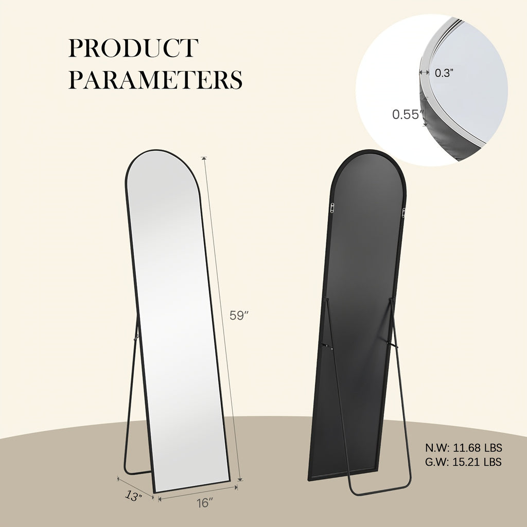 Arched Full Length 64" X 21"/ 59"x16"Mirror With Stand, Floor Mirror With Aluminum Alloy Frame For Bedroom, Standing Full Body Mirror With Shatter-Proof Nano Glass For Wall, Living Room, Cloakroom