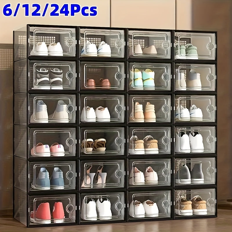 6/12/24pcs Thickened Transparent Shoe Boxes with Lid, Foldable Stackable Free Combination Shoe Rack, Plastic Sneaker Container, Space Saving Storage Organizer for Entryway Bedroom, Home Shoe Box Shoe Racks Shoe Storage Organizer Shelf