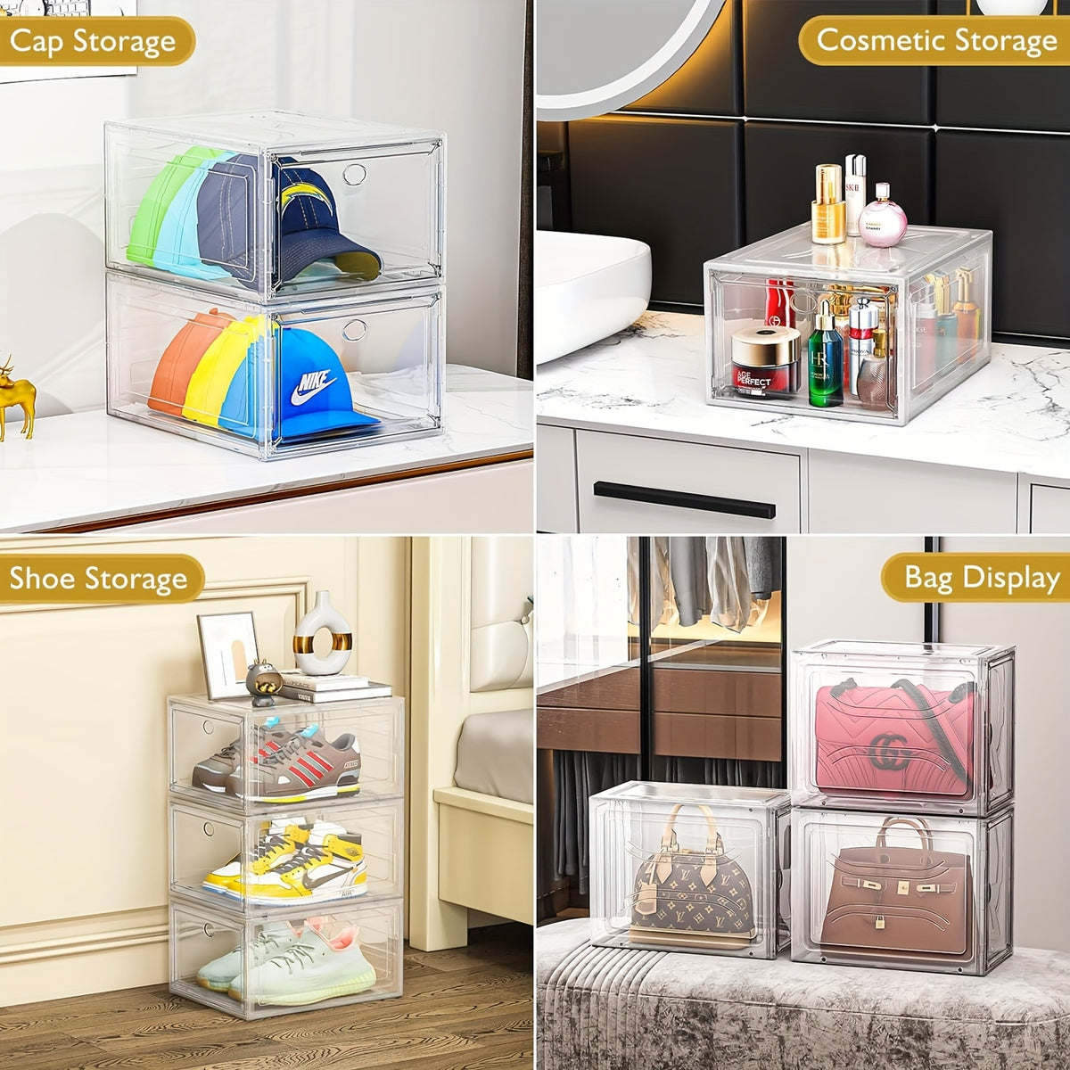 6 Pack Clear Shoe Organizer, Stackable Closet Shoe Rack, Professional Grade Shoe Display with Magnetic Door. Boot And Hat Organizer. Dustproof Shoe Organizer, Sneaker Organizer for Women/Men, Front Loading Large Plastic Shoe Organizer for Sneakers