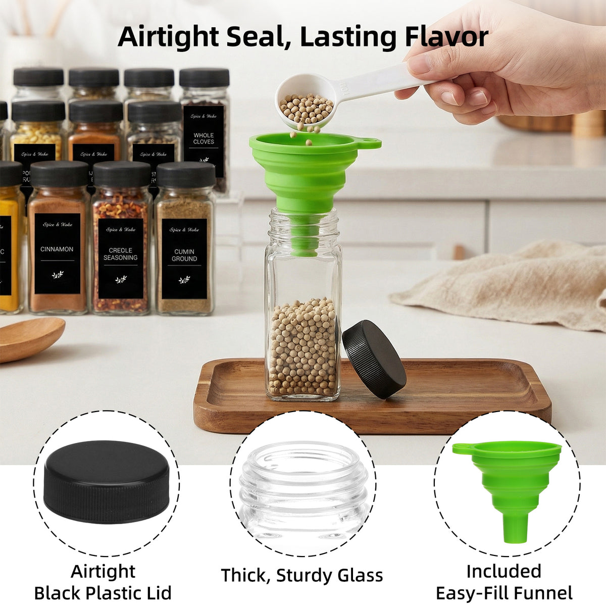 whonline 16pcs/24pcs/36pcs/48pcs Spice Jars, 4oz Glass Spice Jars with Labels - Shaker Lids, Collapsible Funnel, Brush and Marker, Seasoning Bottles for Spice Rack Drawer Cabinet