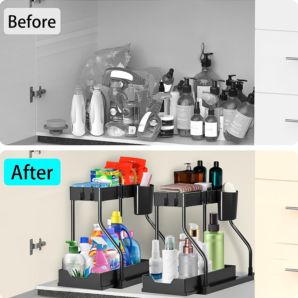 2pcs Under Sink Organizer with Sliding Shelves - Durable Pull-Out Cabinet Organizer for Bathroom & Kitchen, Space-Saving Storage Solution, Sleek Design