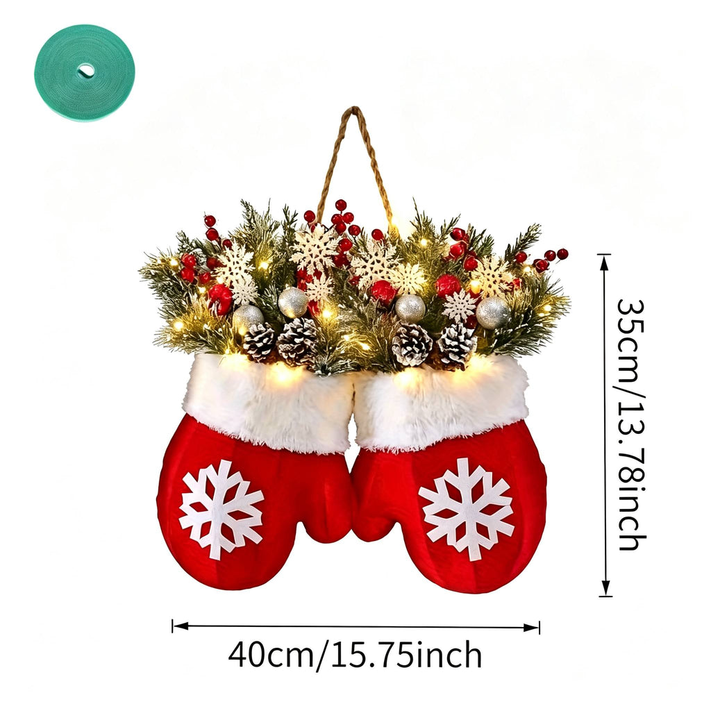 LED Twinkling Christmas Wreath with Twinkling & Artificial Pine Garland - Suitable for Front Door, Wall Decor, / Holiday Decoration - Plastic Mitten Wreath with Red Berries and Pine Branches Halloween Christmas