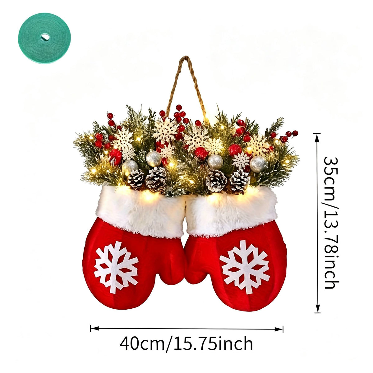 LED Twinkling Christmas Wreath with Twinkling & Artificial Pine Garland - Suitable for Front Door, Wall Decor, / Holiday Decoration - Plastic Mitten Wreath with Red Berries and Pine Branches Halloween Christmas