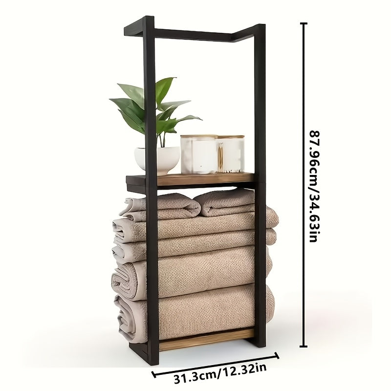 1Pc 2-Tier Bathroom Towel Rack With Shelf - Wall-Mounted Towel And Essentials Storage Rack | Modern Bathroom Elegant Metal And Wood Design, Wall-Mounted Towel Storage Rack, Bedroom Organizer, Bathroom Towel Rack, Bathroom Towel Storage