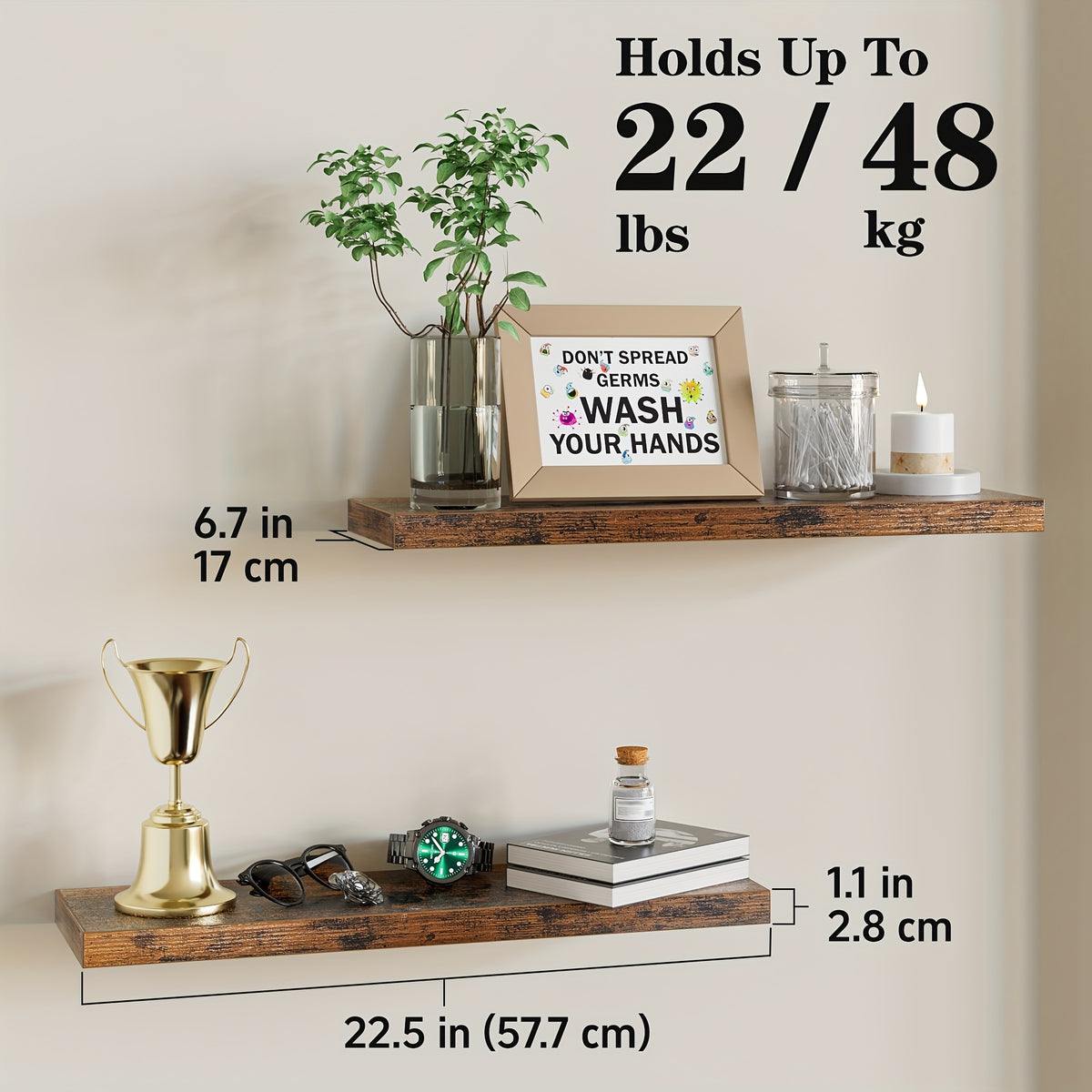 Floating Shelves, 22.5" Wall Mounted Rustic Wood Shelves for Bathroom, Bedroom, Living Room, Kitchen, Office, Hanging Shelf for Books/Storage/Room Decor with 22lbs Capacity (Set Of 2), Floating Shelves