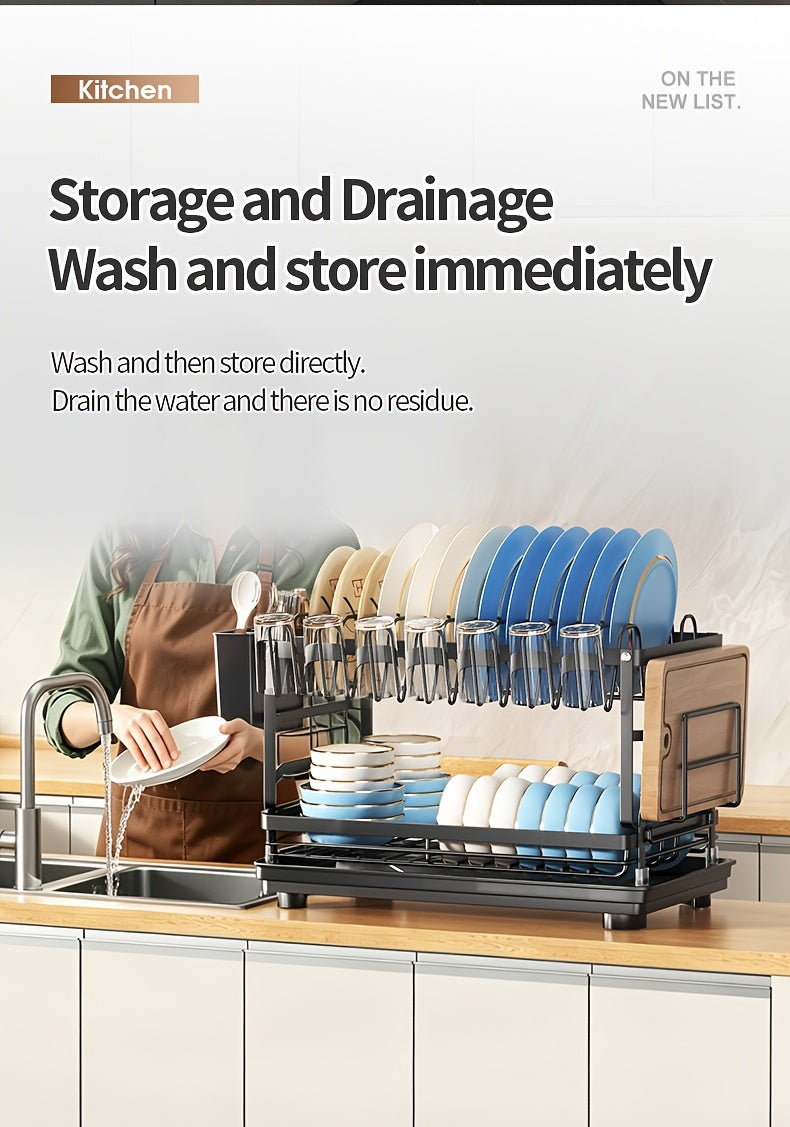 Two-tier Metal Kitchen Countertop Dish Rack Is Space-saving And Durable. It Comes with A Knife And Fork Holder, A Cup Rack, A Cutting Board Holder, And A Rust-proof Draining Tray. It Organizes Your Tableware And Helps Keep Your Kitchen Neat And Tidy.