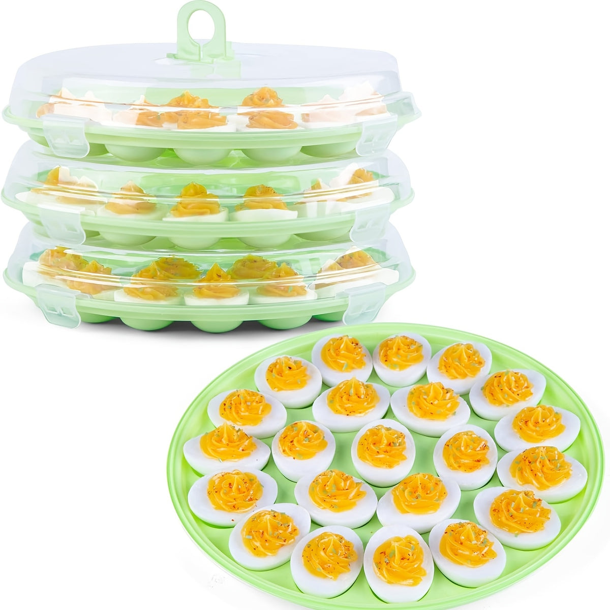 Deviled Egg Containers with Lids, 3-Piece Plastic Carrier Set with 66 Slots and Handles for Potlucks, Easter Parties, Picnics and Family Gatherings
