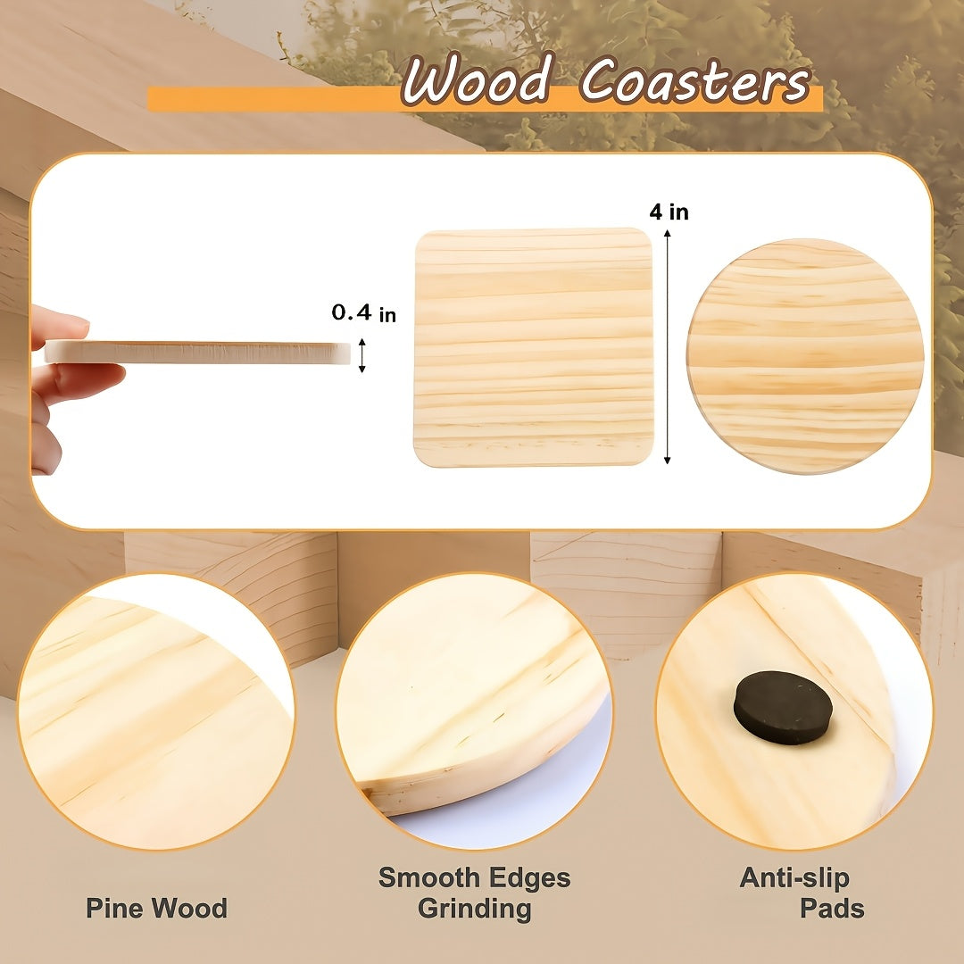 24/48/96pieces Unfinished Wood Coaster Blanks(4 Inch Square & Round) With Non-Slip Foam Stickers - Craft Supplies For Painting, Engraving, Burning & Decor - Ideal Handmade Gifts & Home Decor For Christmas Halloween Easter, Mother'S Day Craft Gift