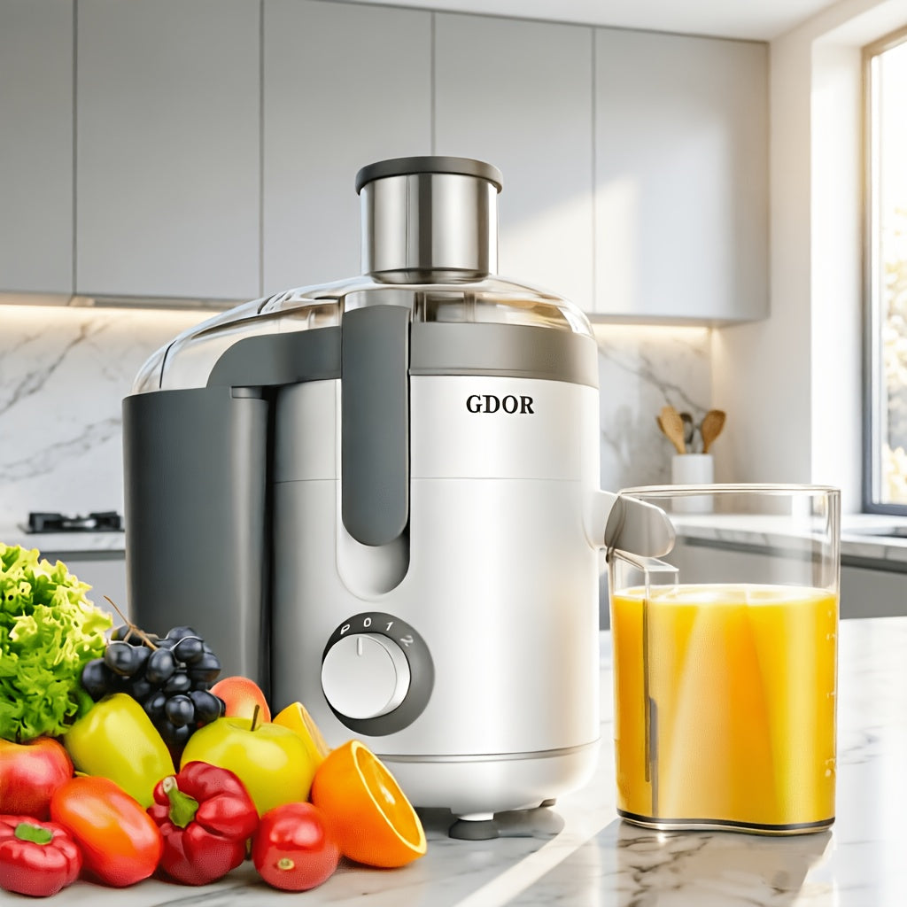 GDOR Electric Juicer Machine Dual Speed Centrifugal Extractor with 2-Speed Motor, 2.5” Wide Feed Chute & Anti-Drip System, BPA-Free Suitable for Fruits, Vegetables, Apples, Carrots, Citrus - Easy Clean with Brush, Plug for