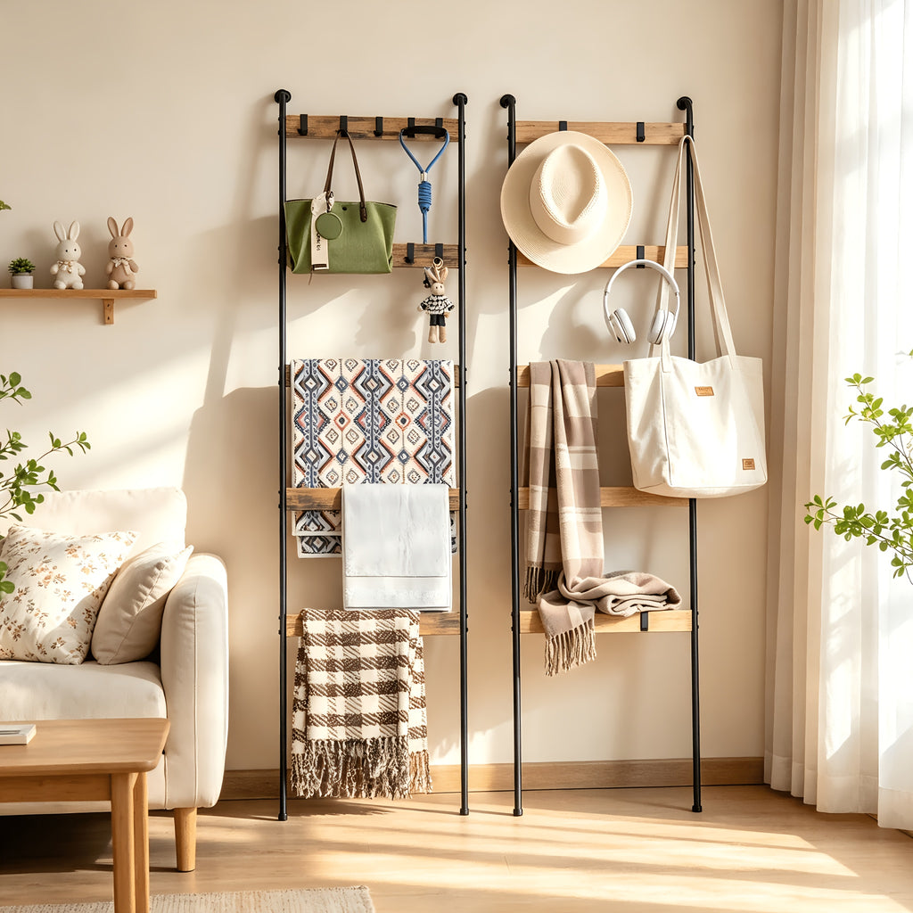 Blanket Ladder, 5 Tier Blanket Holder with 10 Removable Hooks, Farmhouse Style Blanket Ladder for Living Room Bathroom, Decorative Wall Mounted Wooden Quilt Standing Towel Drying Storage Rack