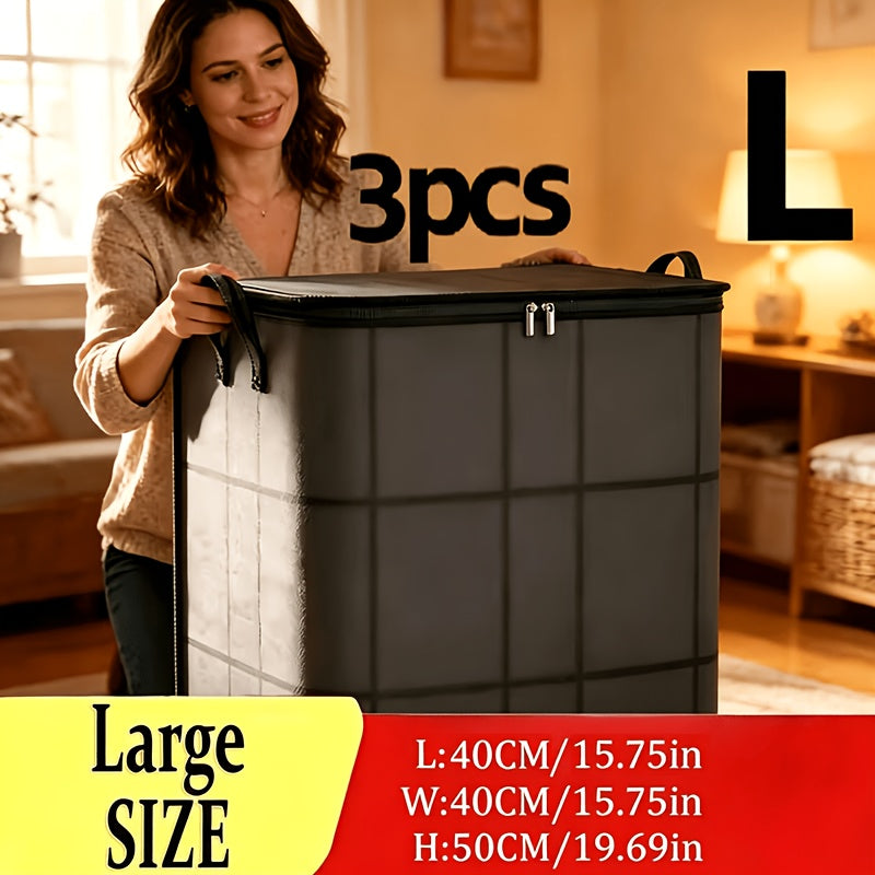 3 Pack Large Clothes Storage Bags, Foldable Wardrobe Storage Bag, Large Capacity Storage Box, Household Double Zipper Organizer Bag with Handles for Clothes And Quilts, Suitable for Moving, Travel, Storage Basket, And Under-Bed Storage Bag