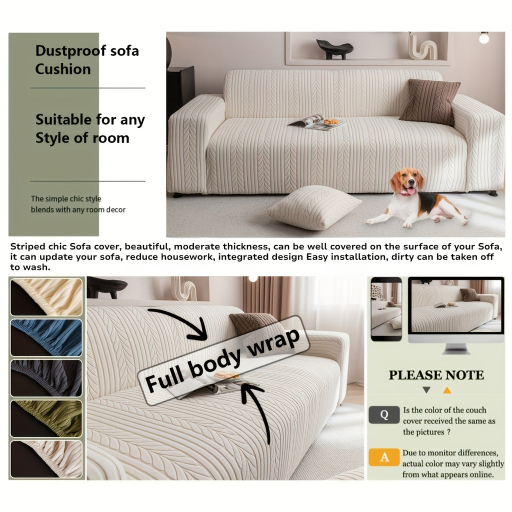 1pc Striped Sofa Cover - Washable, Stretchable, Scratch-Resistant & Non-Slip All-Season Sofa Protector, Fits 1-4 Seater Sofas, White Textured Fabric with Sawtooth Pattern, Perfect for Living Room Decor & Furniture Protection | Durable Protection