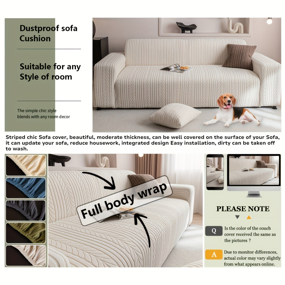 1pc Striped Sofa Cover - Washable, Stretchable, Scratch-Resistant & Non-Slip All-Season Sofa Protector, Fits 1-4 Seater Sofas, White Textured Fabric with Sawtooth Pattern, Perfect for Living Room Decor & Furniture Protection | Durable Protection