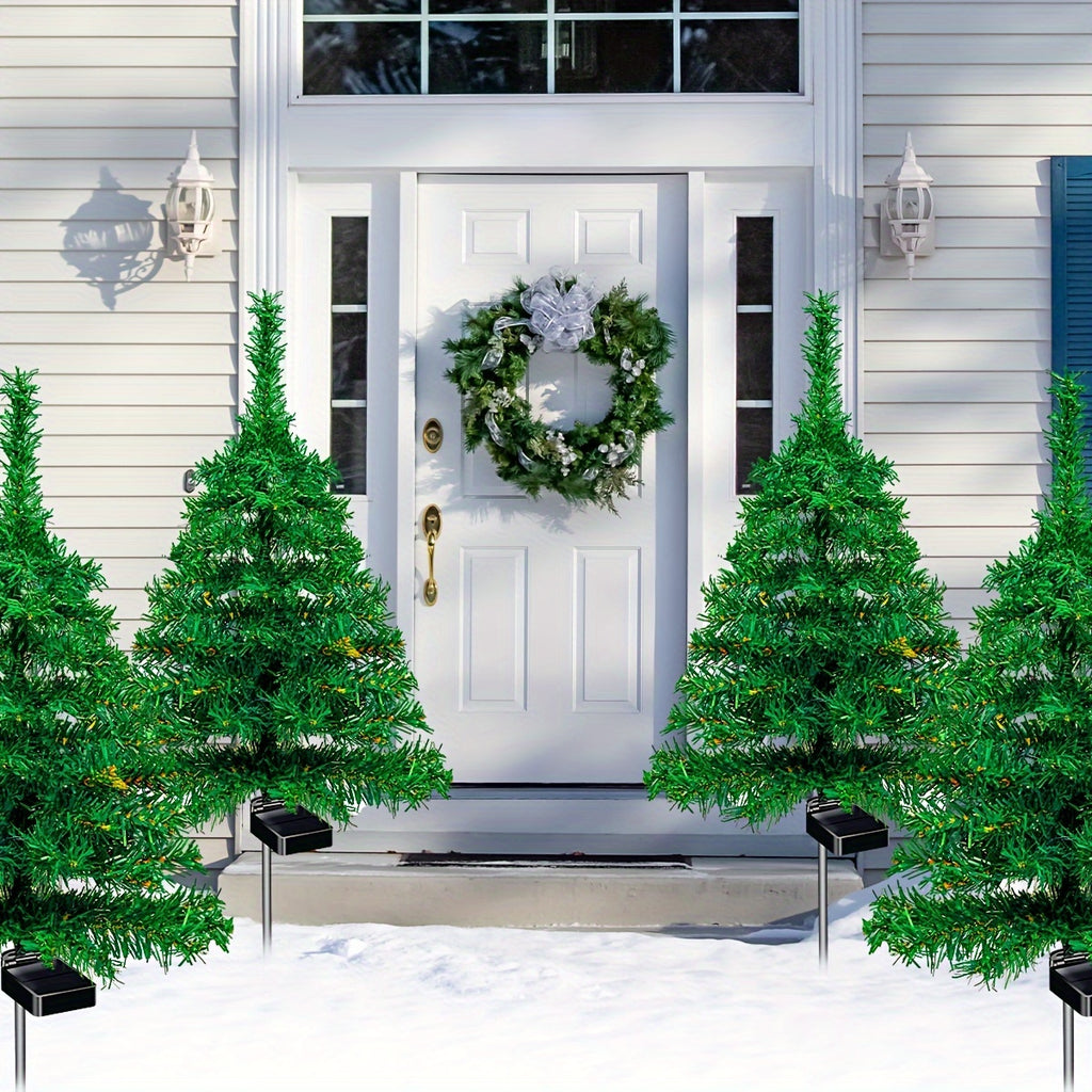 Solar Christmas Tree Path Lights, 4-Pack Green Tree-Shaped Garden Decorations with Solar Panels and Ground Stakes for Front Yard and Walkway Holiday Decor