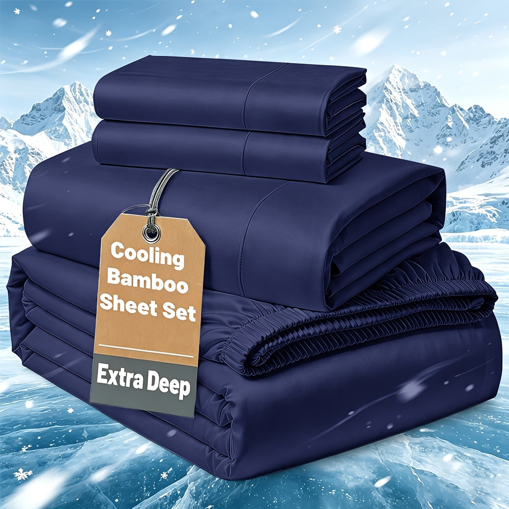 Cooling Bamboo Bedding Set with Flat Sheet, Deep Pocket Fitted Sheet and Pillowcases, Soft Breathable Sheets in 13 Colors for Twin Full Queen King
