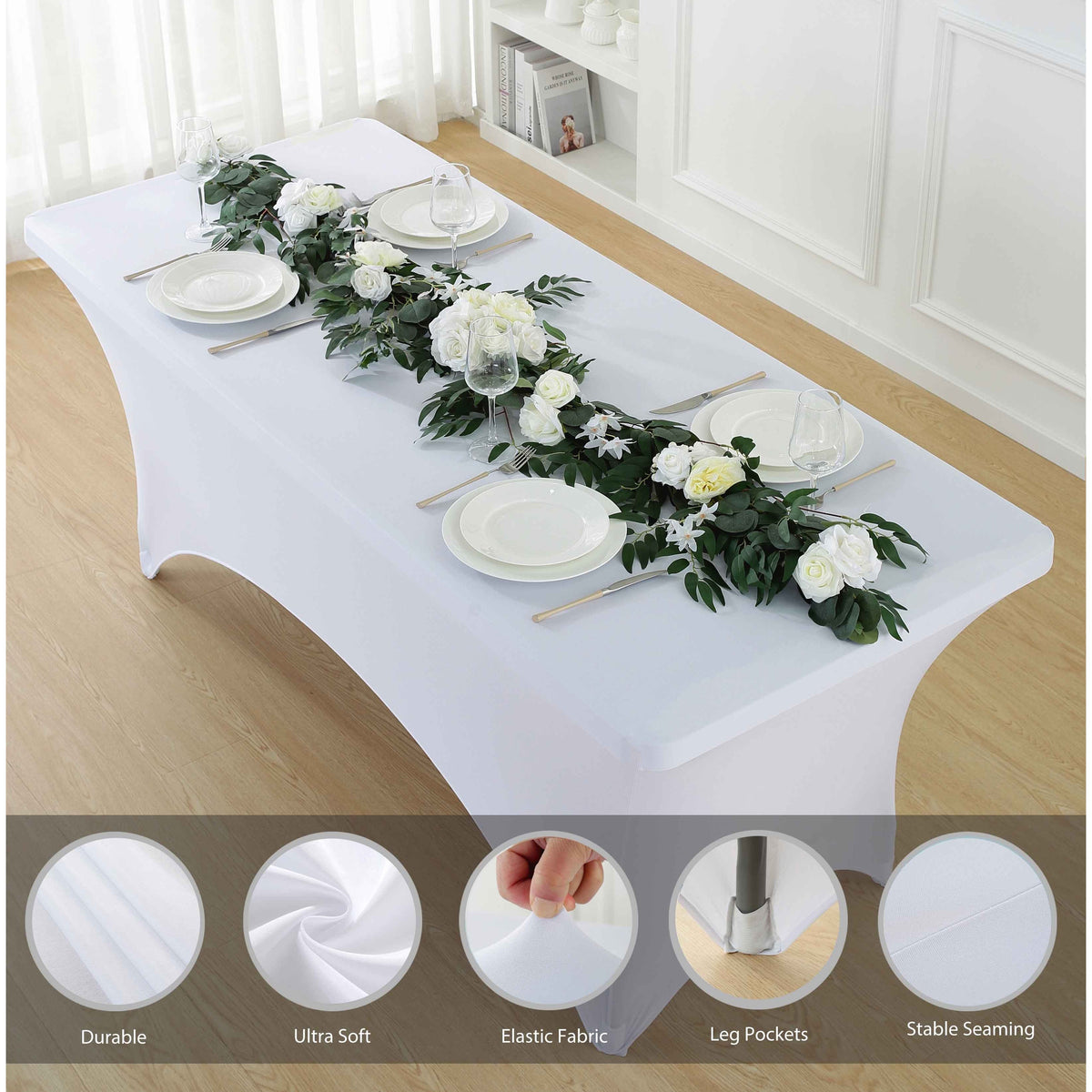 1pcs 4ft/6ft/8ft Spandex Tablecloth, Fitted tablecloth, Wrinkle Resistant Stretchable Rectangle Table Cover For Event, Wedding & Parties