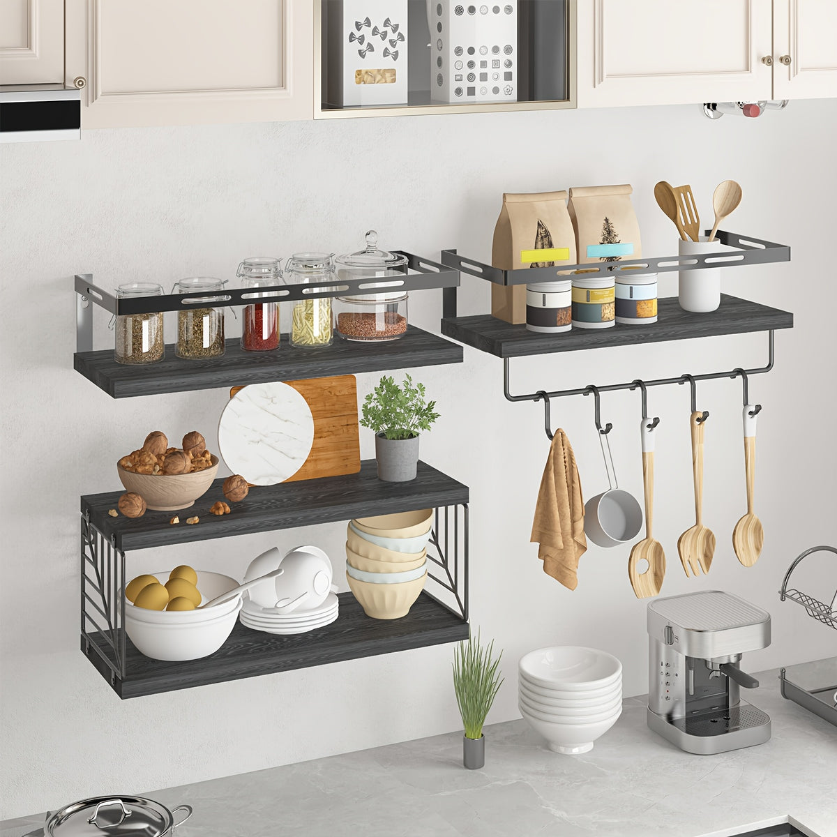 TOMNK 3+1 Tier Wall-Mounted Shelf with Black Metal Guardrails and Storage Baskets, Sturdy and Durable, Space-Saving, Multi-Functional Home Decor, Suitable for Kitchen, Bathroom, Bedroom, Living Room, Small Indoor Spaces, Wall Decoration