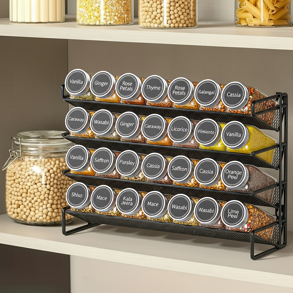 Spice Organizer With 28 Jars, 386 Labels, Chalk Marker And Funnel, For Cabinet, Countertop, Pantry, Cupboard Or Wall Mount, 13.4" W × 10.8" H, Black
