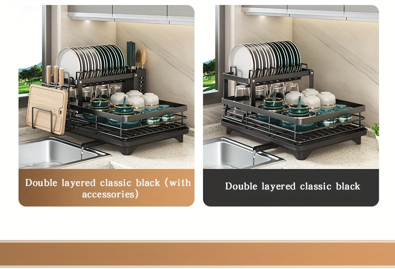 2-Tier Metal Dish Drying Rack, Suitable for Types of Countertops. Space-saving and Durable, Comes with Cutlery Holder, Cup Holder, and Rust-proof Drip Tray. Helps Your Kitchen Neat and Organized.