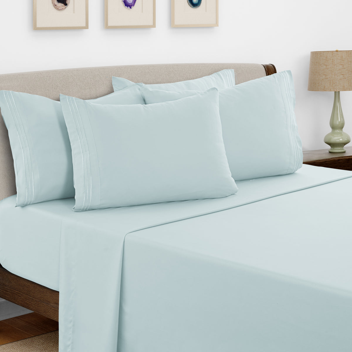 Lux Decor 6 Pieces Solid Bed Sheets Set - Modern Soft Comfortable Bedding Set, Hotel Luxury Skin Friendly Cooling Sheets & Embroidered Pillowcases Without Filler - All Seasons Bed Sheet with 16 Inches deep Pocket, Breathable Skin Friendly & Cooling Sheets